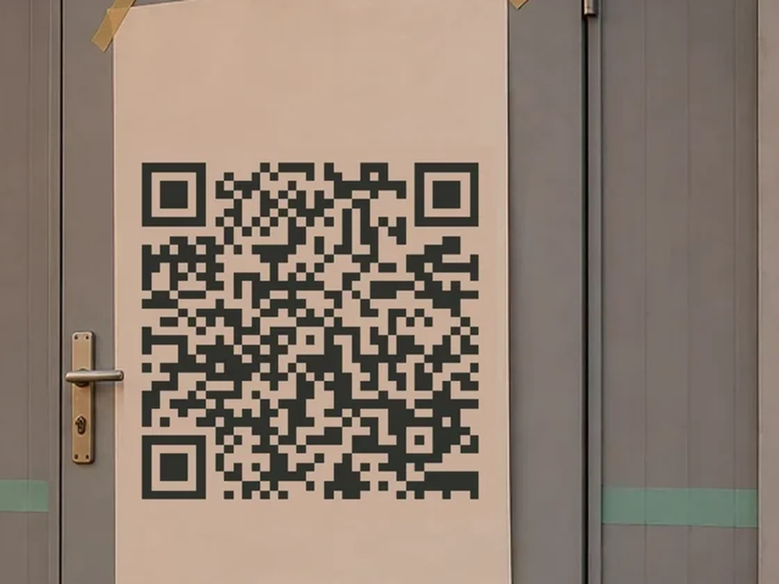 Zettel mit QR an der Tür eines Bauwagens.