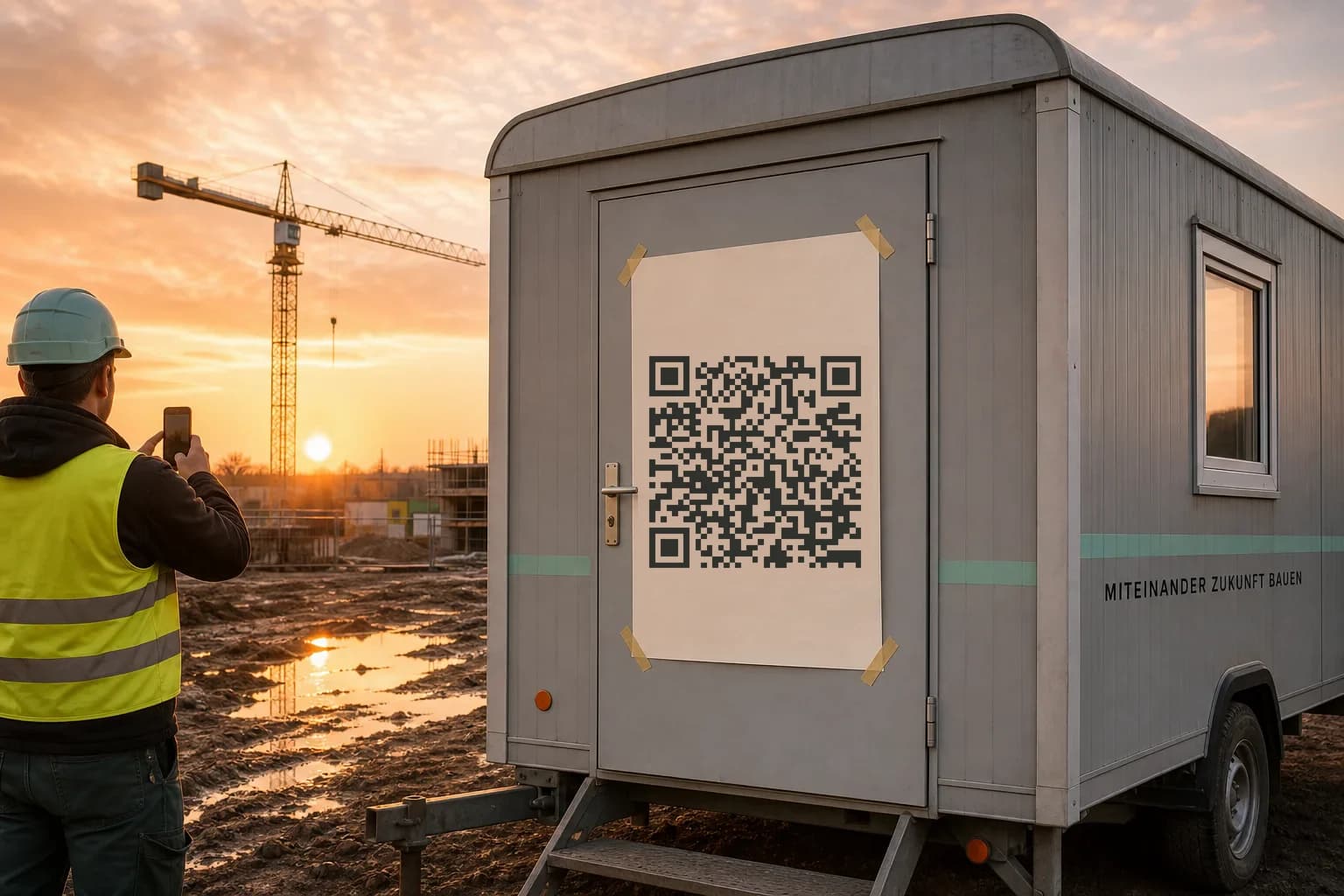 Zettel mit QR an der Tür eines Bauwagens.