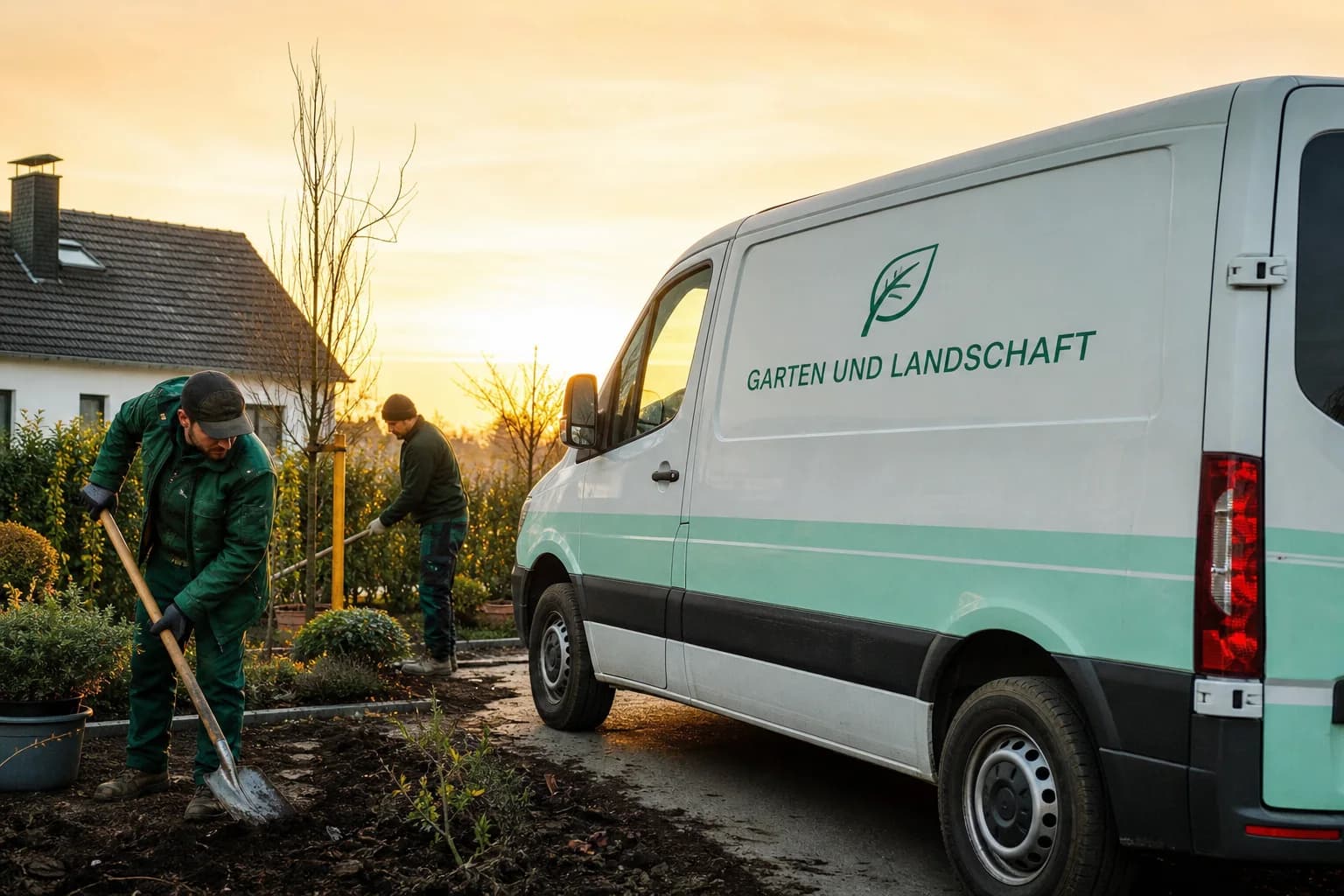 Garten- und Landschaftsbau, Transporter im Morgenlicht.