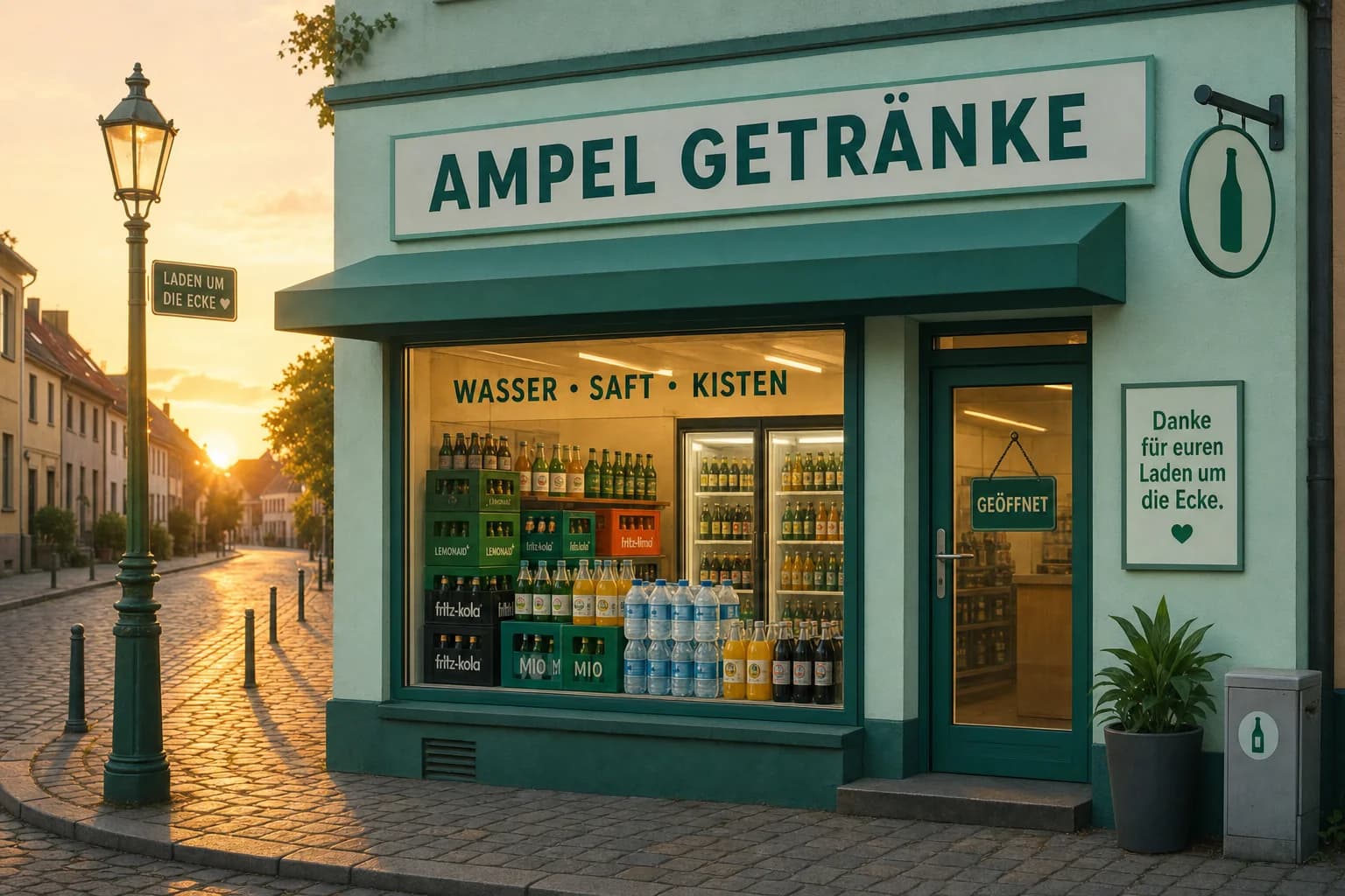 Getränkeladen im Morgenlicht, Kisten hinter der Scheibe.