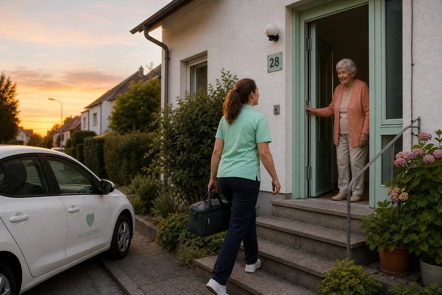 Pflegedienst vor einem Haus im Morgenlicht.